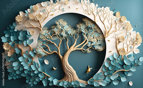 a tree with beautiful white flowers, in the style of light aquamarine and gold, textural surface treatment, matte background, sculptural paper constructions, colourful, porcelain, light green and blue photo
