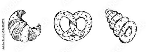 Fresh pastries vector set. Sweet French croissant, salty German pretzel, sausage roll. Tasty bun, baking for breakfast. Food sketch, line art isolated on white. Clipart for poster, menu, card, web