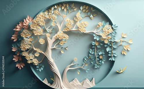 a tree with beautiful white flowers, in the style of light aquamarine and gold, textural surface treatment, matte background, sculptural paper constructions, colourful, porcelain, light green and blue photo