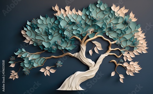 a tree with beautiful white flowers, in the style of light aquamarine and gold, textural surface treatment, matte background, sculptural paper constructions, colourful, porcelain, light green and blue photo