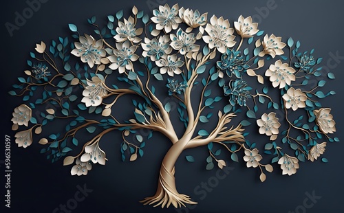 a tree with beautiful white flowers, in the style of light aquamarine and gold, textural surface treatment, matte background, sculptural paper constructions, colourful, porcelain, light green and blue photo