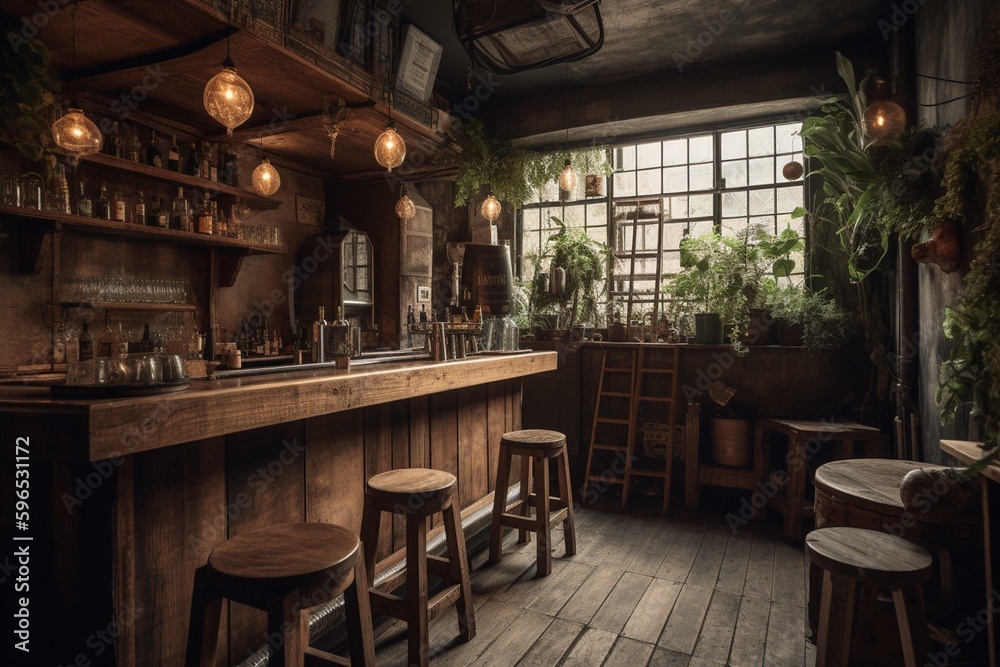 A rustic bar with wooden tables and stools. Generative AI