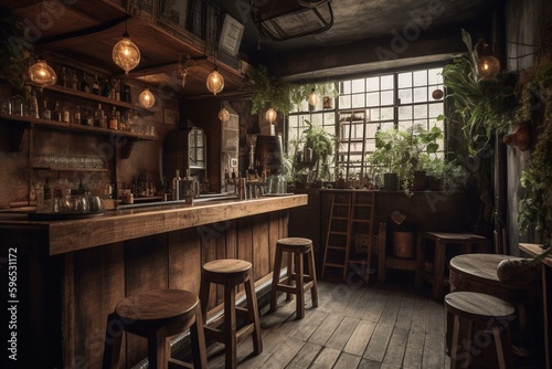 A rustic bar with wooden tables and stools. Generative AI
