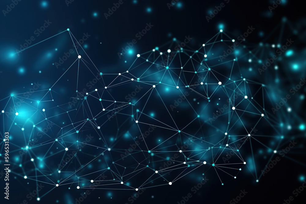 Blockchain network - Abstract connected dots on bright blue background. Internet connection, abstract sense of science and technology graphic design.