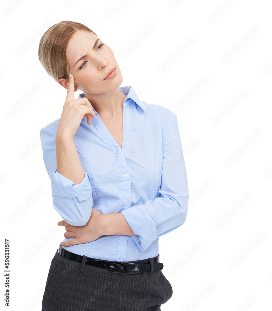 Business woman, serious and thinking or confused with question, idea or to remember memory. Planning, decision and doubt of female isolated on png background for brainstorming, why or mind solution Business woman, serious and thinking or confused with question, idea or to remember memory. Planning, decision and doubt of female isolated on png background for brainstorming, why or mind solution