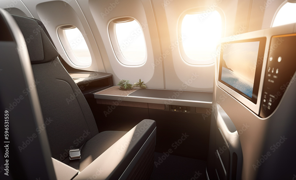 Luxury passenger aircraft business class inside scene Luxury passenger aircraft business class inside scene