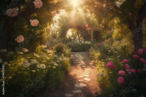 Magical pink rose garden with glowing sun rays and a path forward in paradise. A summer fairy tale background. Generative AI