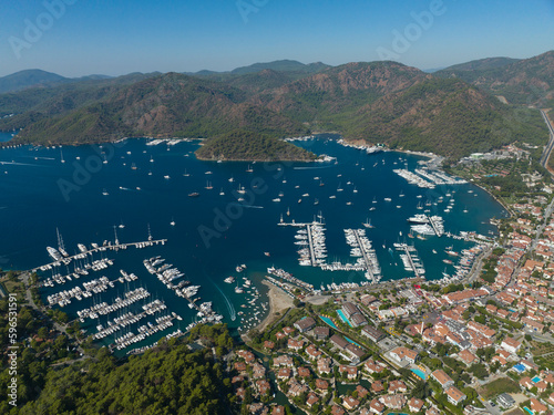 Fototapeta Naklejka Na Ścianę i Meble -  Summer Season in the Gocek Islands Beachs and Marina Drone Photo, Gocek Mugla, Turkiye