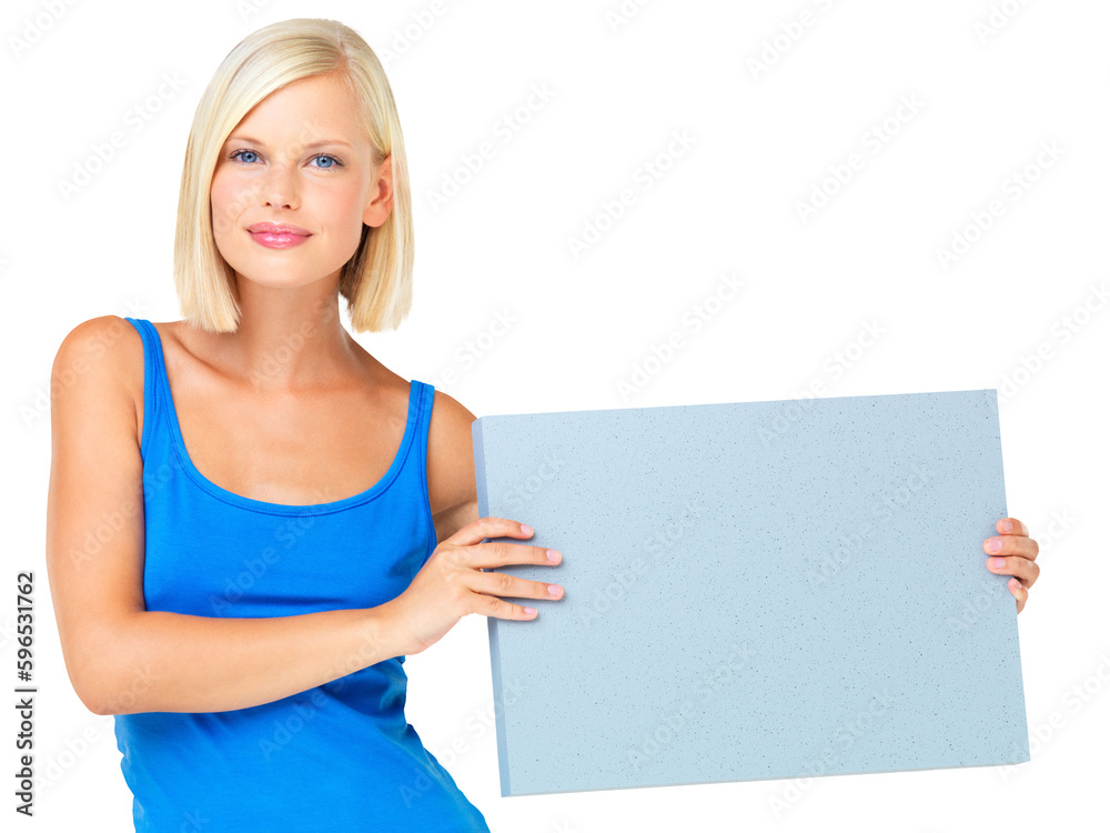 Mockup, branding and portrait of woman with poster isolated on a transparent png background. Product placement, advertising and person with marketing banner for promotion, commercial or copy space. Mockup, branding and portrait of woman with poster isolated on a transparent png background. Product placement, advertising and person with marketing banner for promotion, commercial or copy space.