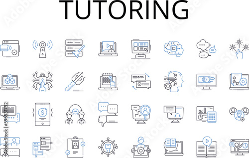 Tutoring line icons collection. Coaching, Mentoring, Advising, Instructing, Guiding, Educating, Teaching vector and linear illustration. Counseling,Training,Lecturing outline signs set Generative AI