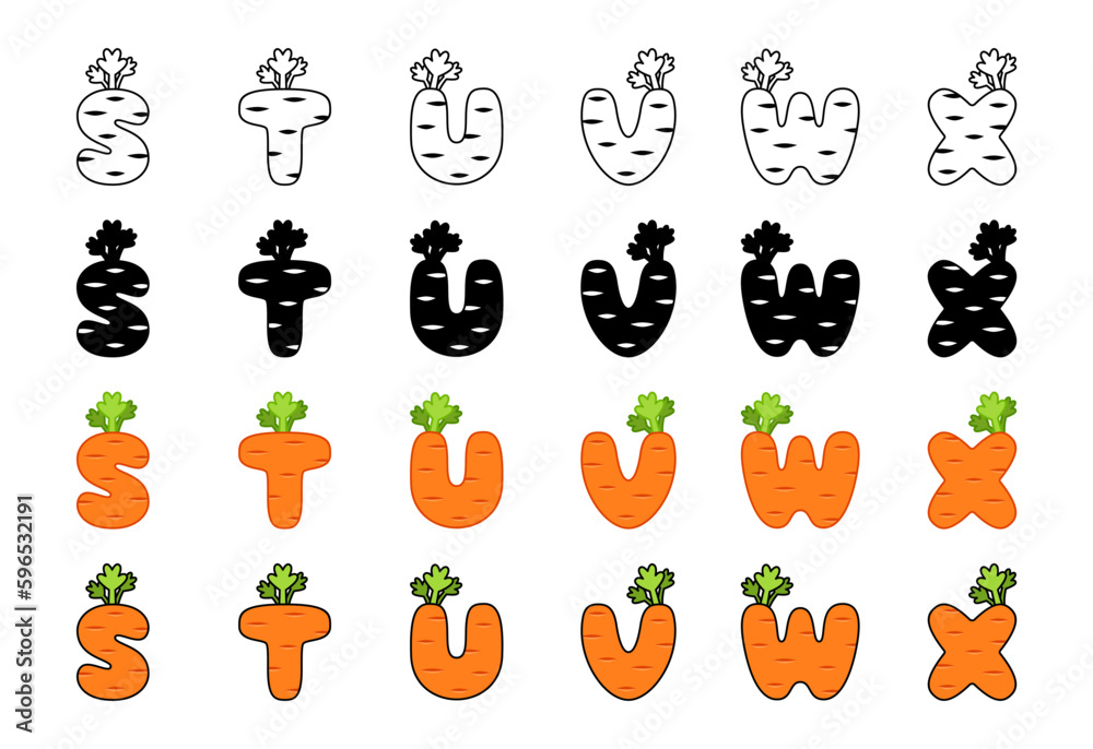 Carrot alphabet in cartoon style Carrot alphabet in cartoon style