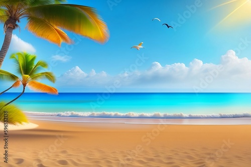 Tropical summer beach with trees and sun, blue sky