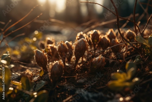 Budding sprouts bask in sunshine of early spring. Generative AI