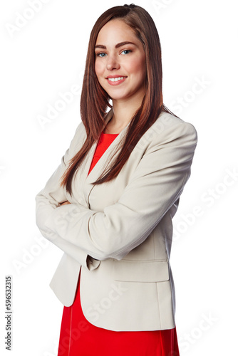 Business woman, portrait and arms crossed with smile, corporate and fashion outfit. Happiness, confidence and female accountant, worker or employee with pride isolated on transparent png background