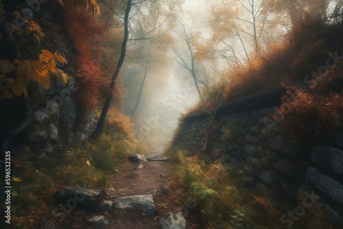 Misty autumn path to tunnel. 3D. Generative AI