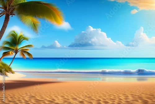 Tropical summer beach with trees and sun, blue sky © New Era Of AI Art