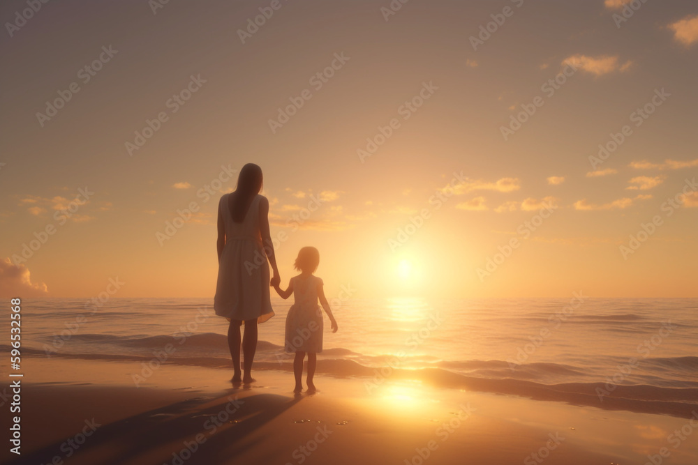silhouette of a mother and child enjoying a sunset on the beach, Generative AI	