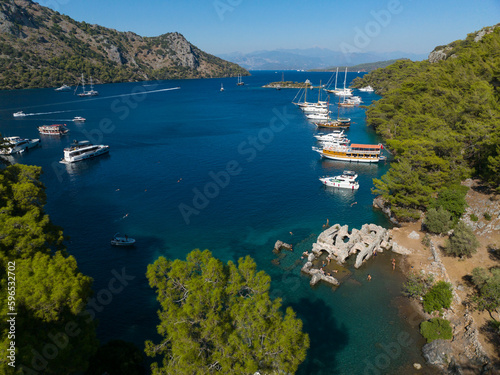 Fototapeta Naklejka Na Ścianę i Meble -  Turkish Maldives Yassica Islands Drone Photo, Gocek Fethiye, Mugla Turkey