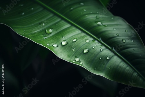 A banana leaf with a droplet of water on it. Generative AI