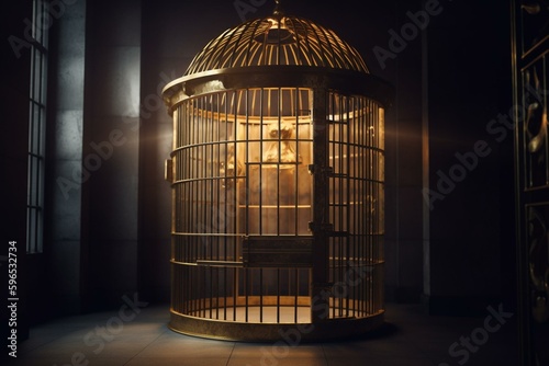 A golden 3D cage featuring an unlocked doorway. Generative AI