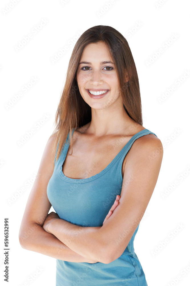 Fashion, happy and portrait of woman with arms crossed isolated on a transparent, png background. Happiness, modern style and young female model alone and proud with empowerment and confidence Fashion, happy and portrait of woman with arms crossed isolated on a transparent, png background. Happiness, modern style and young female model alone and proud with empowerment and confidence