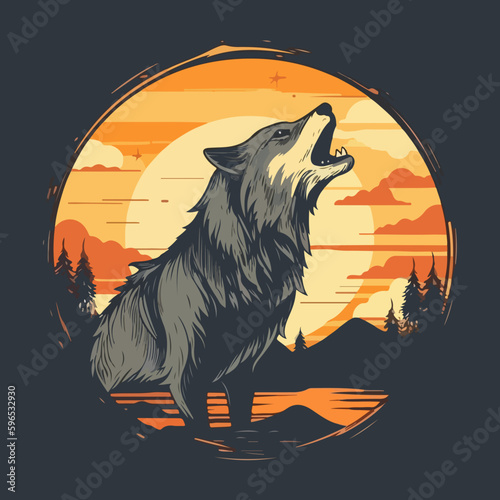 A lone wolf howling at the moon against the backdrop of a forest and sunset. For your sticker or logo design