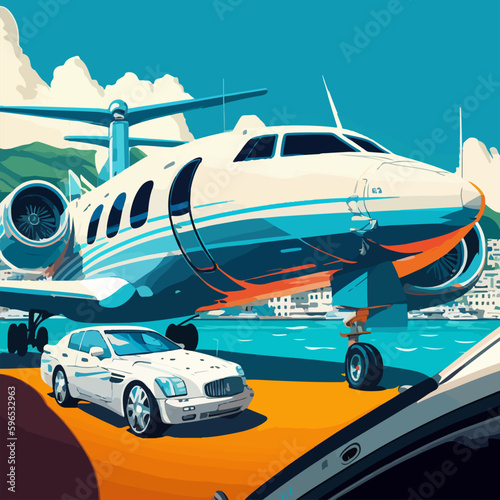 Airplane and limousine on the background of the sea, the city and the blue sky. For your sticker or logo design.