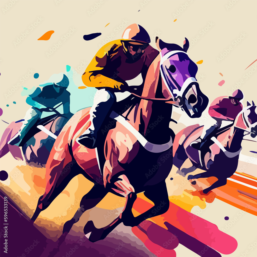 Drawing of a horse racing competition, the rider strives for victory
