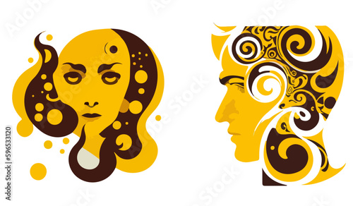Creative faces with ornaments instead of hair on a white background. For your sticker or postcard design.