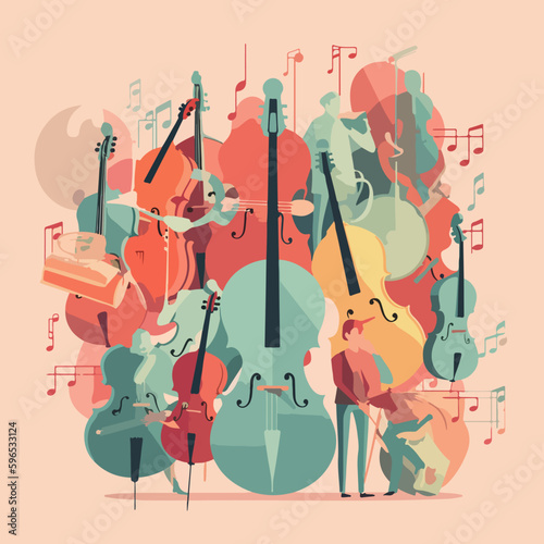 Creative drawing of an orchestra with musicians and notes on a pink background. For your sticker or logo design.