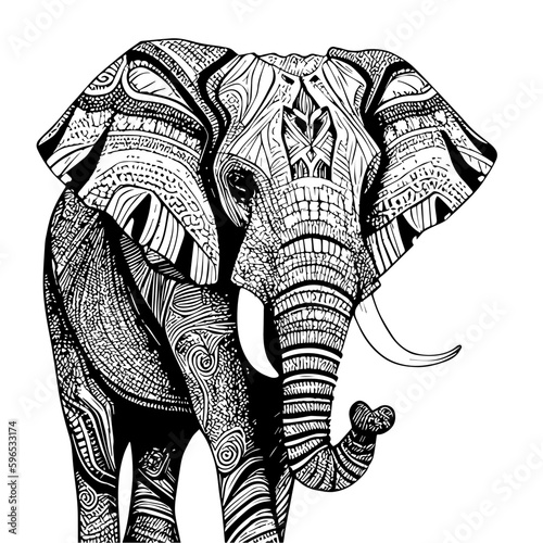 Flat black and white elephant in an ornament on a white background. For your sticker or tattoo design.