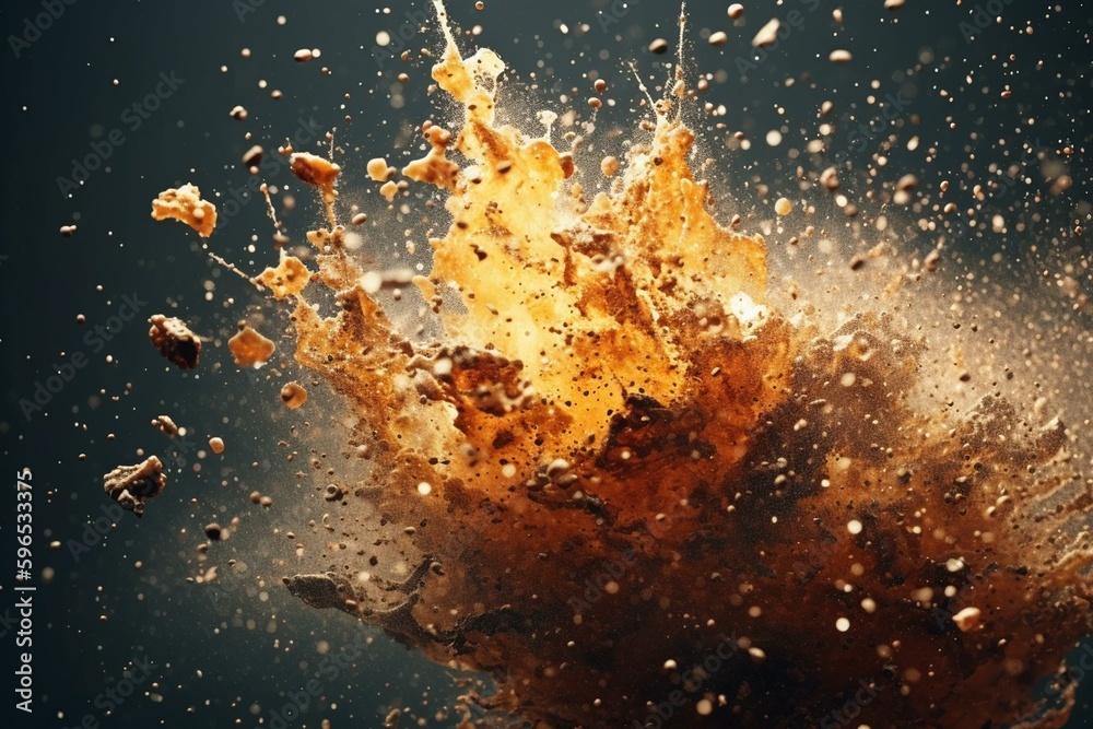Warm-hued splash explosion background full of particles. Generative AI