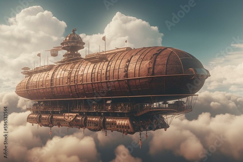 A 3D steampunk airship flies through clouds. Generative AI