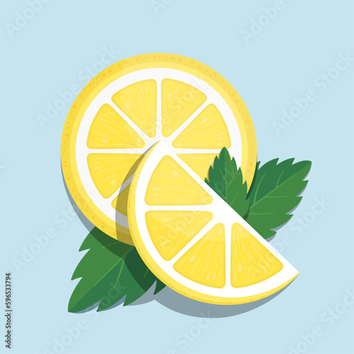 Slices of lemon and mint leaves flat illustration. Stylized flat vector elements in yellow, white and gren colors. Best for web, print, advertising, logo creating and branding design.