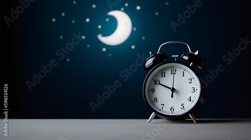 Clock against a dark background with moon and stars, suggesting peaceful slumber and serene dreams. Encourages relaxation, calm, and promotes restful sleep and wellness. Generative AI