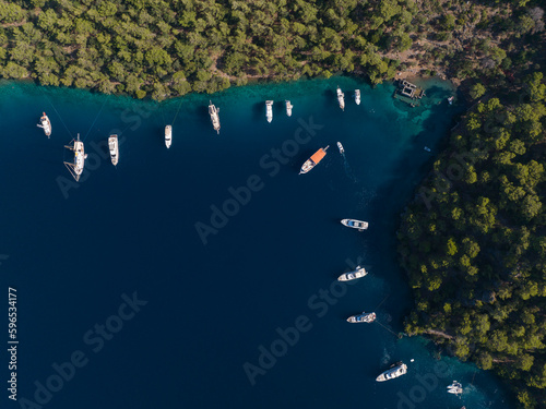 Fototapeta Naklejka Na Ścianę i Meble -  Summer Season in the Gocek Islands Beachs and Marina Drone Photo, Gocek Mugla, Turkiye