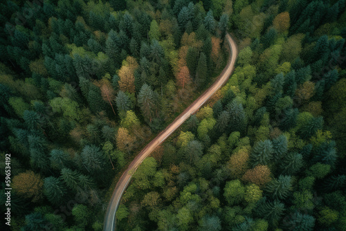 Aerial view road in the middle forest, Top view road going through green forest adventure, Ecosystem ecology healthy environment road trip travel. © 昊 周
