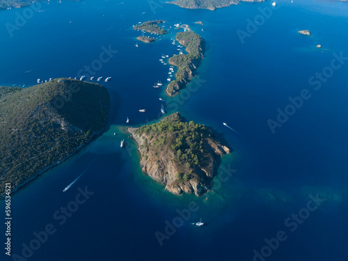 Fototapeta Naklejka Na Ścianę i Meble -  Summer Season in the Gocek Islands Beachs and Marina Drone Photo, Gocek Mugla, Turkiye