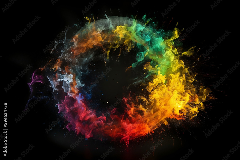 circle of colorful explosions of smoke on black background