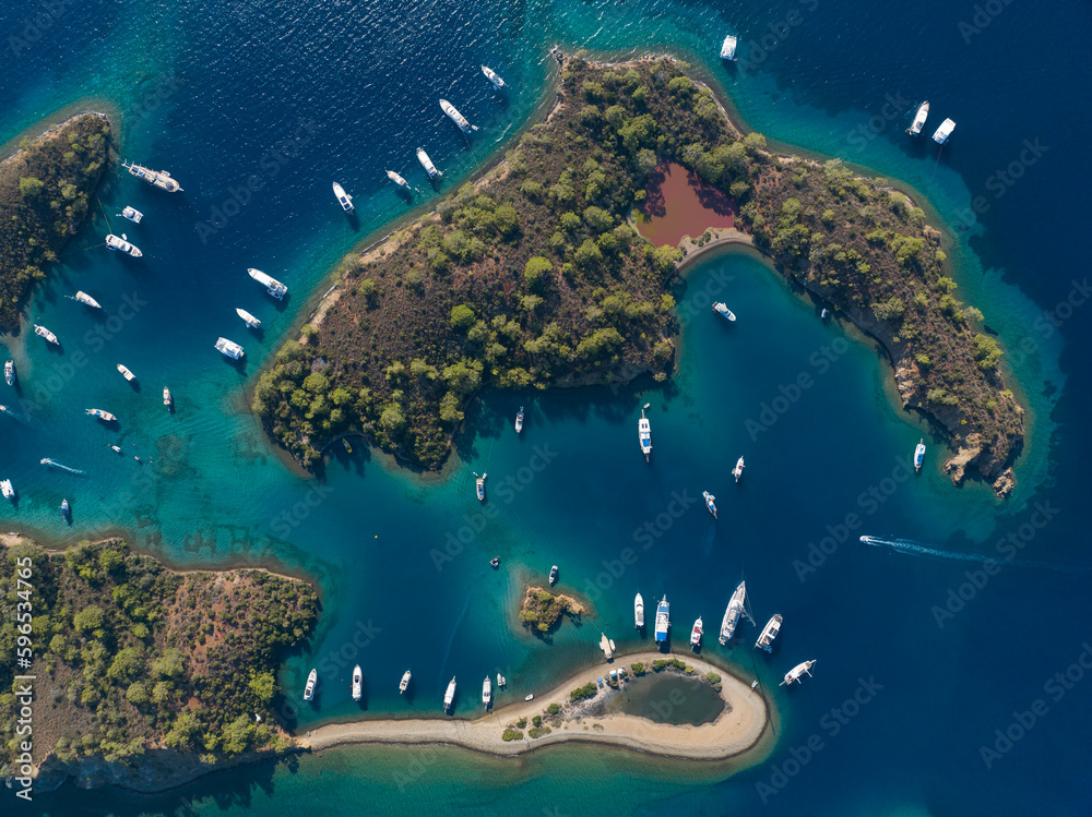 Turkish Maldives Yassica Islands Drone Photo, Gocek Fethiye, Mugla Turkey