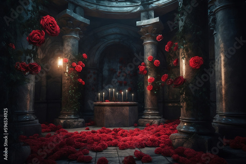 beautiful abandoned ruins covered with red roses