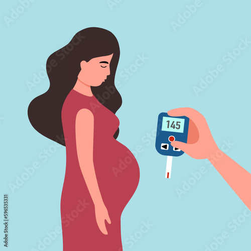 Gestational diabetes concept vector illustration. Sad pregnant woman with blood sugar level test in flat design. photo
