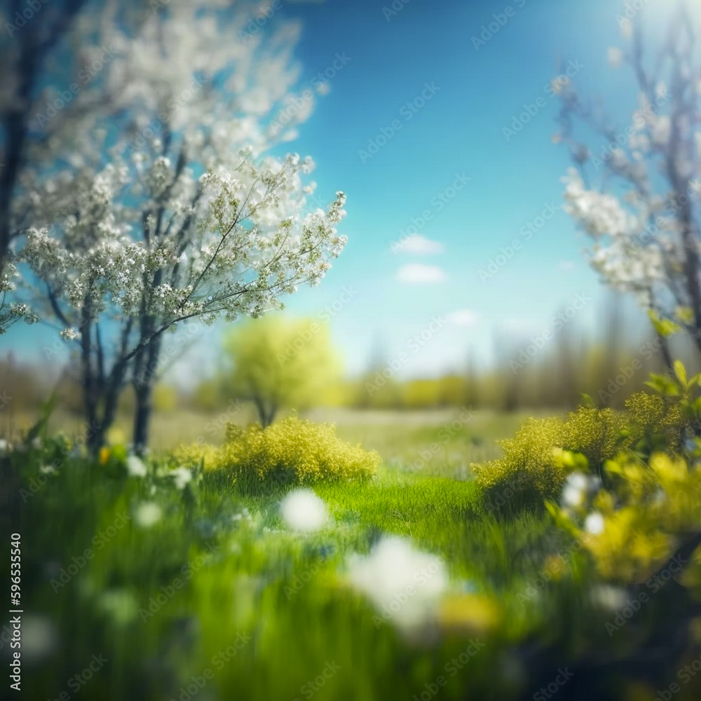 Beautiful blurred spring background nature with blooming glade, trees and blue sky on a sunny day