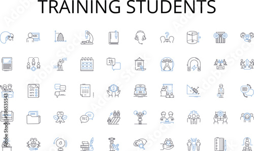 Training students line icons collection. Sunbathing, Surfing, Seashells, Tanning, Sandcastles, Relaxation, Swimming vector and linear illustration. Water,Ocean,Waves outline signs set Generative AI