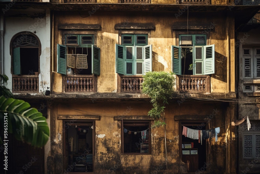 Old walls and windows of Goan houses in Fontainhas, Panaji, Goa - a must-visit place on vacation. Generative AI