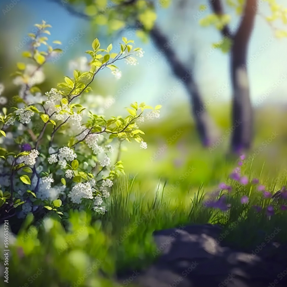 Fototapeta premium Beautiful blurred spring background nature with blooming glade, trees and blue sky on a sunny day