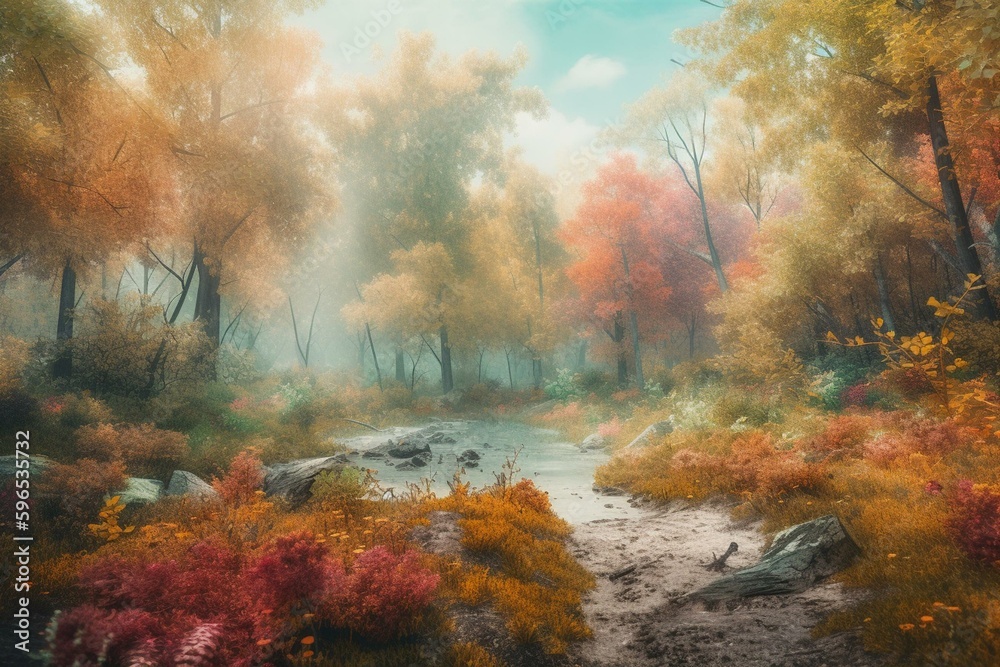 Colorful woodland scene with watercolor-like textures on a plain background. Generative AI