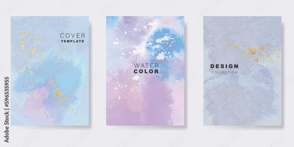 Bundle set of colorful watercolor background vector for poster or brochure cover design with golden spray decoration