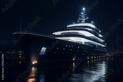 Night view of superyacht with illuminated deck,  Generative AI