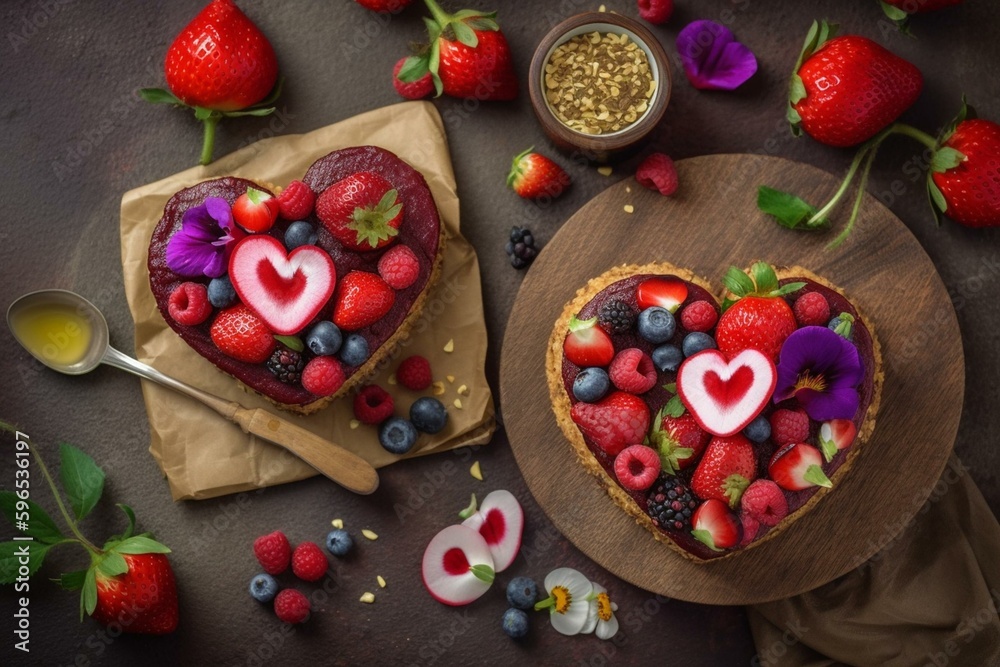 Vegan heart cakes with fresh fruits, flowers and copy space; perfect for Valentine's Day, flat lay-style. Healthy dessert idea. Generative AI